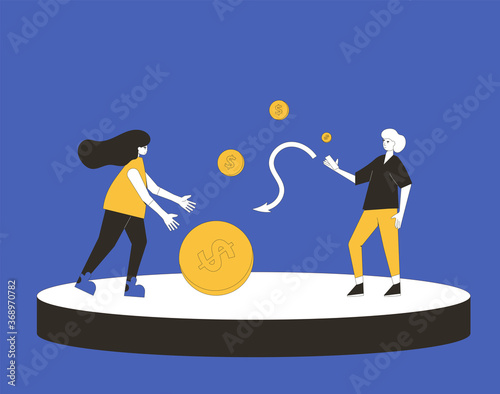 Payment with phone concept. Online finance transaction service. Two people with mobile and digital money. Line art flat vector illustration. 
