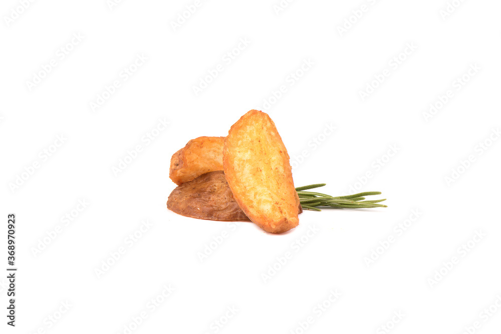 Rustic fried potatoes and sprig of rosemary isolated on a white background. Rustic fried potatoes and sprig of rosemary isolated on a white background.