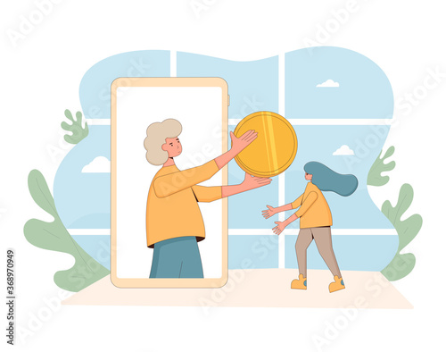 Payment with phone concept. Online finance transaction service. Two people with mobile and digital money. Line art flat vector illustration. 