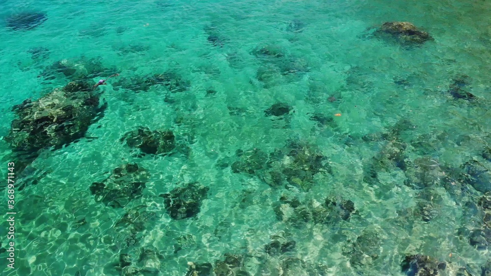 Fototapeta premium Calm sea water near stones. Peaceful blue sea water and gray boulders in perfect place for snorkeling on Koh Tao Island on sunny day in Thailand. Natural background texture.