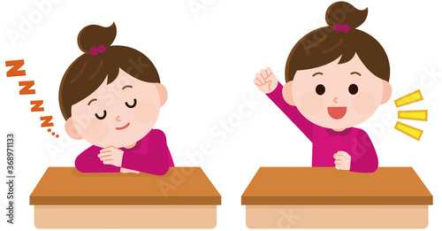 昼寝　パワーナップでスッキリ起きる小学生女子　イラスト