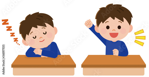 昼寝　パワーナップでスッキリ起きる小学生男子　イラスト
