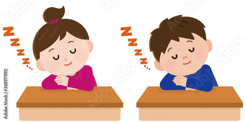 昼寝　仮眠　机で居眠りする小学生男子女子　イラスト
