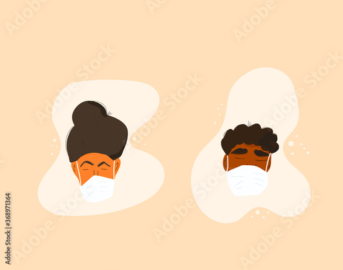 Coronavirus. Man and woman in white medical face mask icons. Friends or family members in prevention masks. 2019-nCoV quarantine. Pandemic of coronavirus. Vector flat illustration.