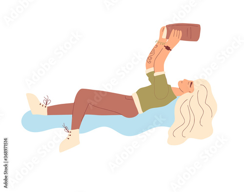 Female character reading a book. Woman lying with new bestseller. Vector hand drawn illustration.