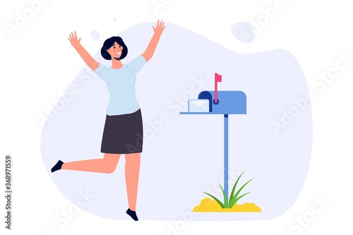 Happy woman is standing nearby mailbox and got letter. Vector illustration