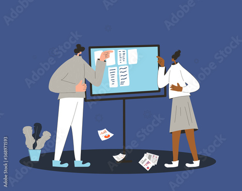 Busines quarrel. Professional conflict. Two people swear each other near board and reports papers. Vector flat illustration.