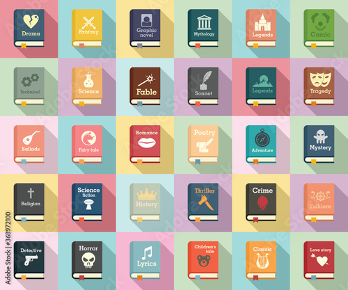 Literary genres icons set. Flat set of literary genres vector icons for web design