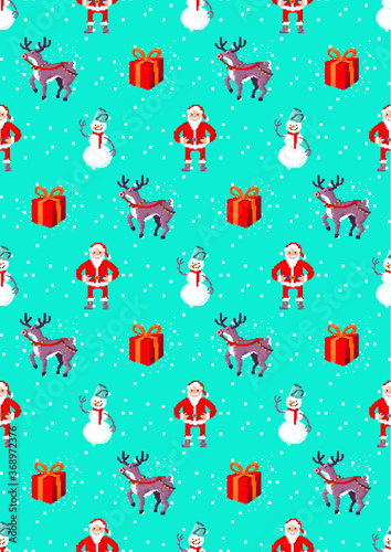 Seamless background is for their Christmas package А4. 8-bit pixel art. Vector illustration. Christmas Set. image for wrapping paper. Seamless xmas print for wrapping paper. Santa with gifts and deer