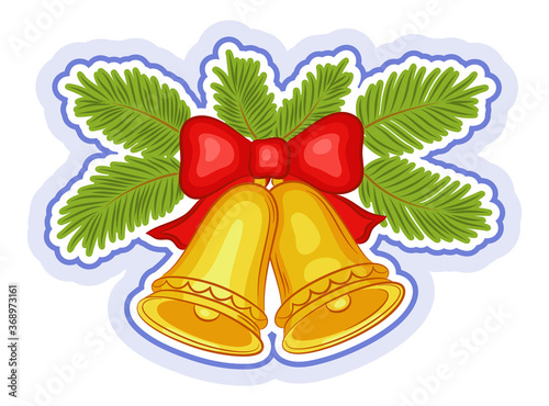 Christmas Holiday Decoration, Golden Bells with Red Bow and Green Fir Branches Isolated on White Background. Vector