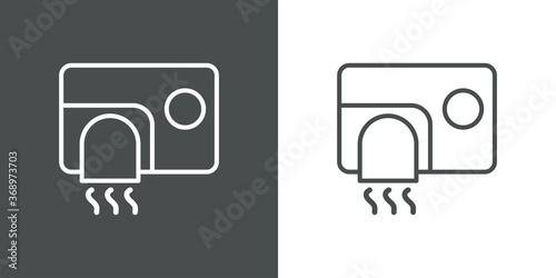 Concepto higiene en cuarto de baño. Icono plano lineal secador de mano con aire caliente en fondo gris y fondo blanco