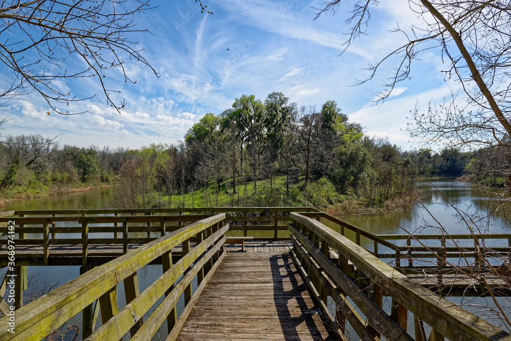 A wooden Pier or Viewpoint at a bend in the River Brazos, at Brazos Bend State Park in Texas, under a sunny blue sky in March. A wooden Pier or Viewpoint at a bend in the River Brazos, at Brazos Bend State Park in Texas, under a sunny blue sky in March.