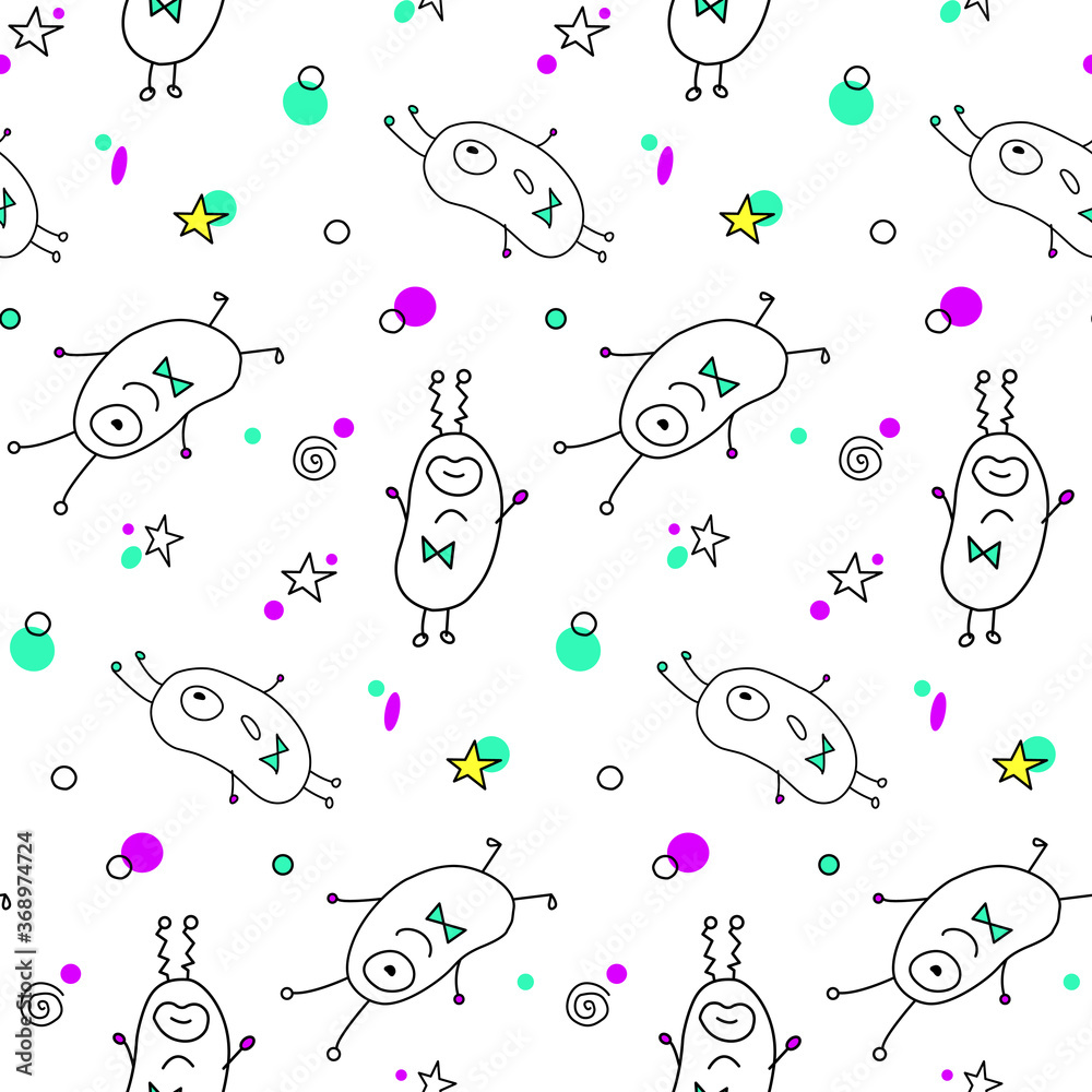 Vector seamless childish pattern with cute outline monsters aliens, space doodles. Background and texture for fabric, wrapping, wallpaper, textile, apparel, cover
