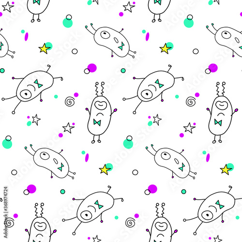 Vector seamless childish pattern with cute outline monsters aliens, space doodles. Background and texture for fabric, wrapping, wallpaper, textile, apparel, cover