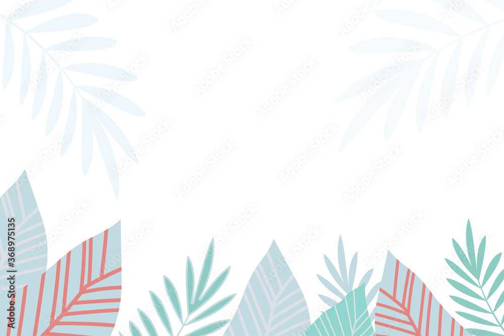 Obraz premium Rectangular frame with palm leaves. Blue, pink, leaves on white background.