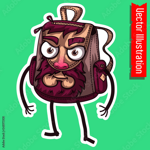 Funny character bag, brutal character backpack. High quality isolated vector illustration. Character with brown beard and mustache. T-shirt design. Tee graphics. Tshirt Print without slogan.