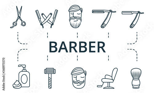 Barber icon set. Collection contain pack of pixel perfect creative icons. Barber elements set.
