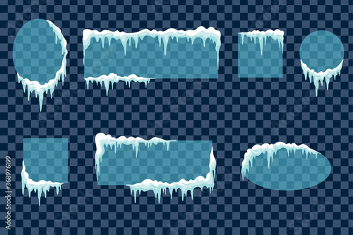 Frozen winter window border with ice and frost isolated. Empty frozen banners. Glass frames with snow caps.