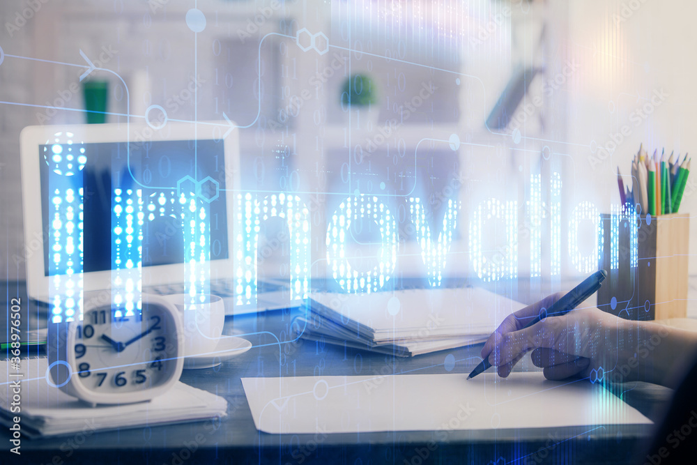 Multi exposure of woman hands on background with technology coding hologram. Data concept. Multi exposure of woman hands on background with technology coding hologram. Data concept.