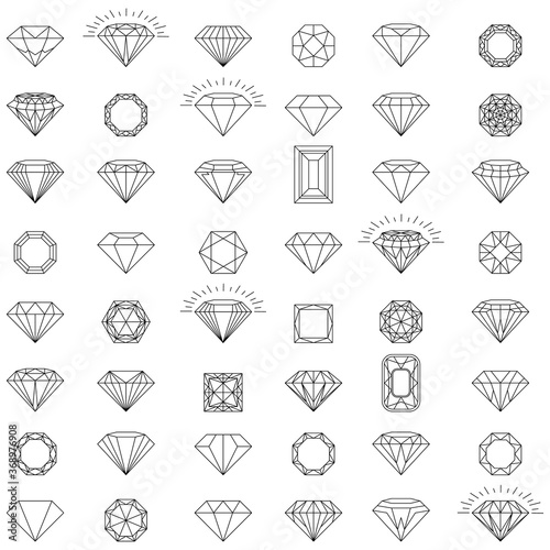 Diamond jewelry luxury quality gifts. Diamond logo. Set of vector icons. Black, linear and color luxury symbols.