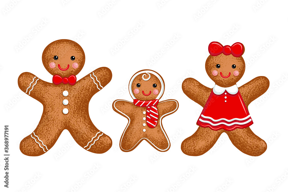 .Gingerbread family. Mom, Dad and Baby.Vector illustration of holiday baking. Christmas collection. .Gingerbread family. Mom, Dad and Baby.Vector illustration of holiday baking. Christmas collection.
