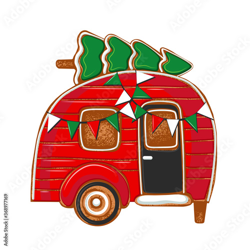  .Gingerbread in the form of a Christmas Camper.Vector illustration of holiday baking. Christmas collection.