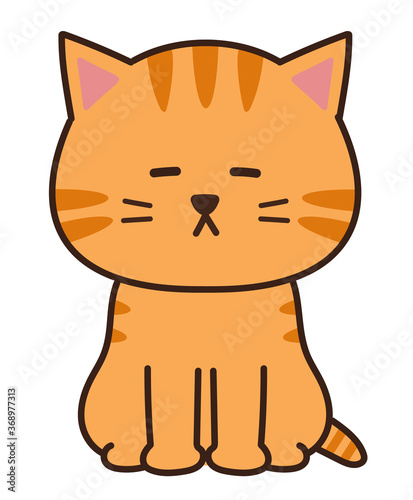 Orange tabby cat falling asleep while sitting down. Vector illustration isolated on white background.