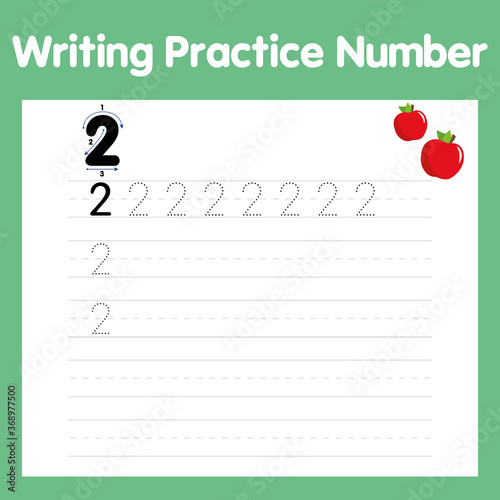 Writing practice number two printable worksheet for preschool. Pictured two apples. Number 2