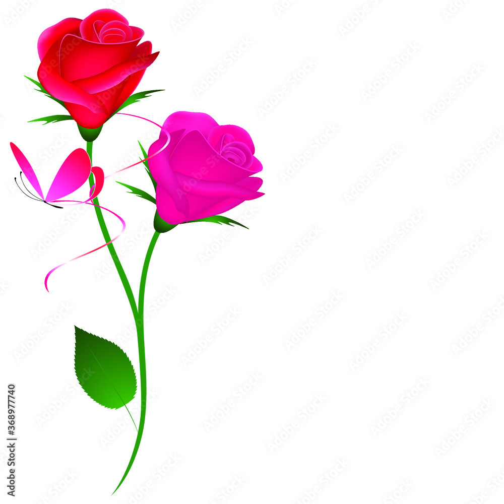 Floral background with two roses and butterfly. Floral background with two roses and butterfly.