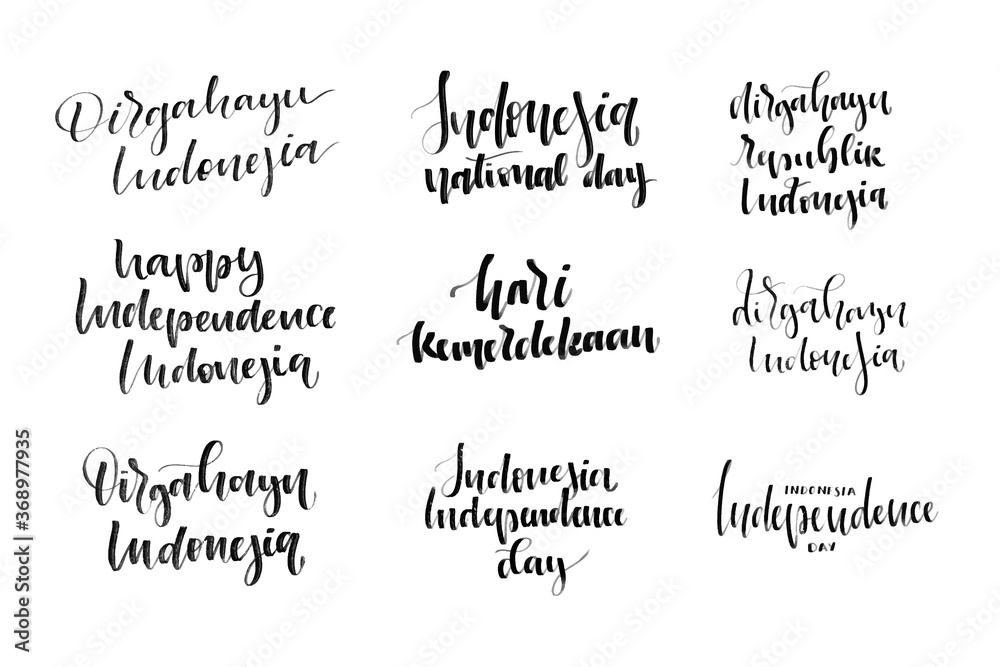 Vector set of isolated calligraphy logo of Indonesia Independence Day in Indonesian language for decoration and covering on the white background. Vector set of isolated calligraphy logo of Indonesia Independence Day in Indonesian language for decoration and covering on the white background.