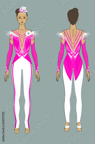 Sketch of a costume in the cabaret style. Leotard for circus acts, dancing, variety shows, rhythmic gymnastics.