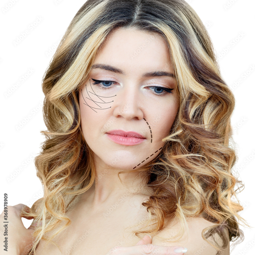 Naklejka premium Graphic lines shows facial lifting effect on skin of beautiful woman.