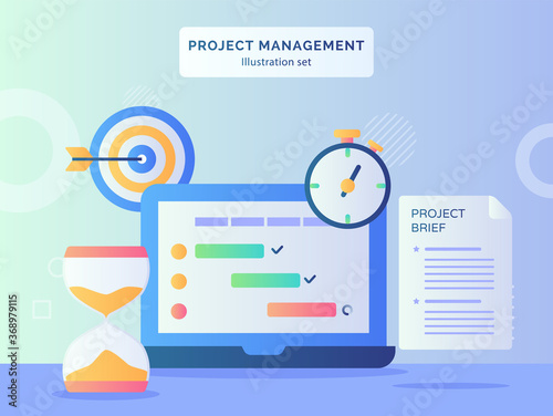 roject management illustration set program checklist on display monitor laptop nearby hourglass stopwatch project brief paper target goal with flat style