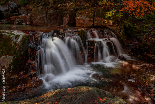 Fototapeta Naklejka Na Ścianę i Meble -  Beautiful autumn waterfall,red and yellow colorful tree leaves with stream of mountain.

C