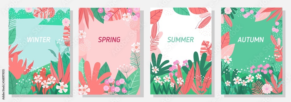 Vector set four seasons, winter, spring, summer, autumn, flowers and leaf design template, banner, cover, templates, postcard. Vector set four seasons, winter, spring, summer, autumn, flowers and leaf design template, banner, cover, templates, postcard.