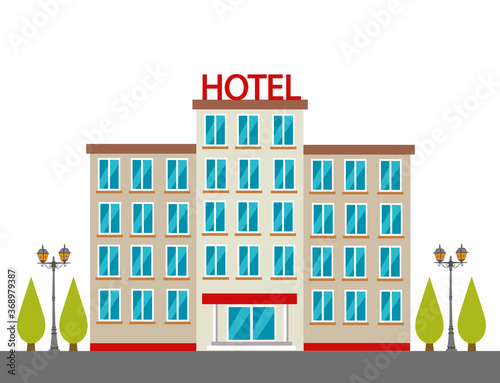 Hotel building in city space on flat style background