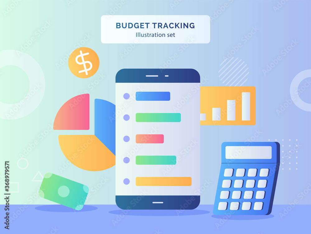 Budget tracking illustration set smartphone background of calculator pie chart money dollar icon with flat style Budget tracking illustration set smartphone background of calculator pie chart money dollar icon with flat style