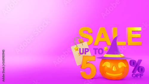 3D rendering illustration. Sale 50% Design for business and pink background. Discount Banner Promotion Template. The concept is sale in Halloween day.