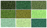 Mosaic patterns set. Green square abstract wallpaper collection. Backgrounds with pixel grid effect. Template of geometric blocks in mixed colours. Squares shape tiled eco cover textured illustration.