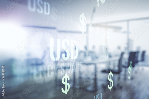 Double exposure of virtual USD symbols hologram on modern corporate office background. Banking and investing concept