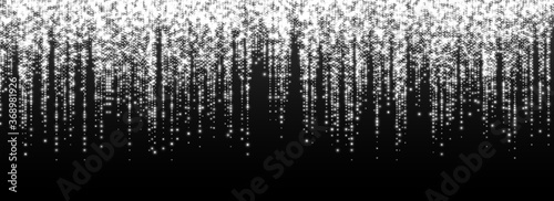 Glitter rain, silver star dust, bright white sparkles isolated on a dark background. Christmas decoration, abstract falling shiny particles, isolated vector light effect. Luxury decor.