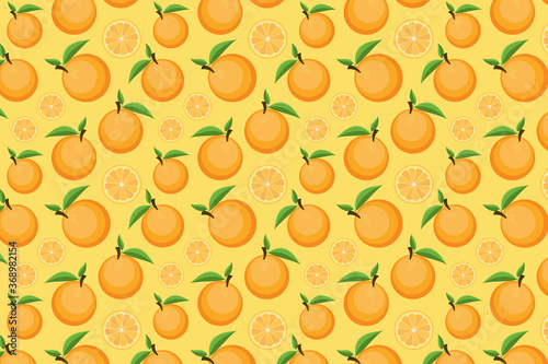 Fruit pattern on yellow background. Bright orange fruit background