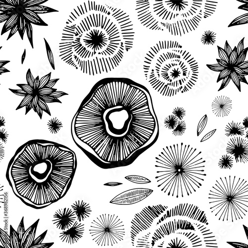 Hand drawn flowers vector seamless pattern. Black floral elements on white background