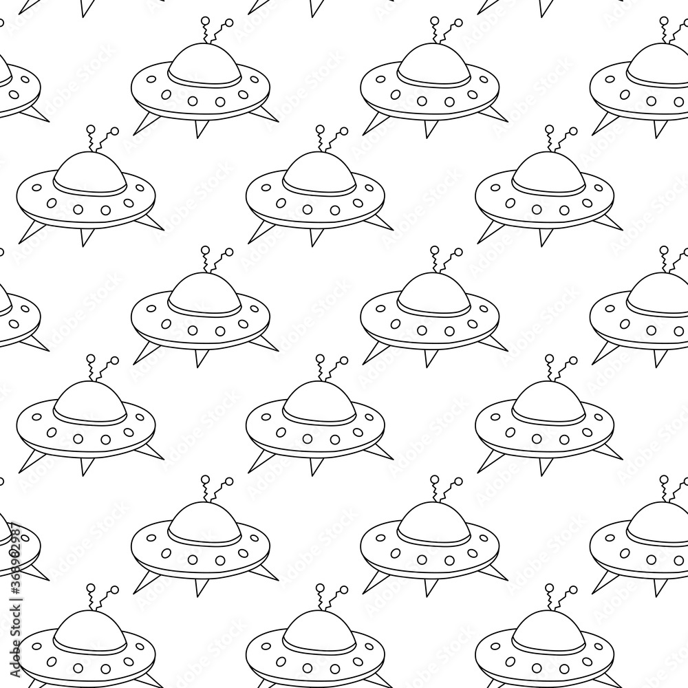 Seamless childish pattern with Flying Saucers, UFO. Vector background and texture for fabric, wrapping, wallpaper, textile, apparel, cover, coloring book Seamless childish pattern with Flying Saucers, UFO. Vector background and texture for fabric, wrapping, wallpaper, textile, apparel, cover, coloring book