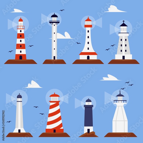 Set of marine beacon or lighthouse buildings flat vector illustration isolated.