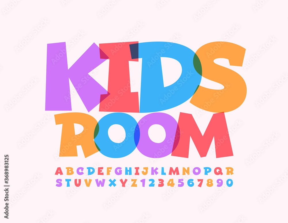 Fototapeta premium Vector colorful emblem Kids Room.Comic bright Font. Creative playful Alphabet Letters and Numbers