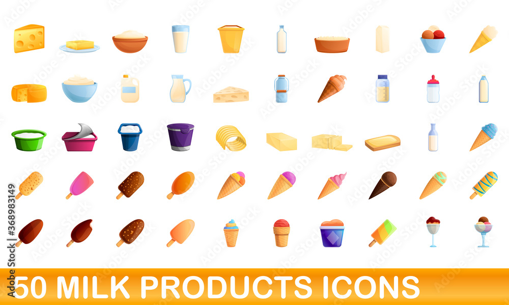 50 milk products icons set. Cartoon illustration of 50 milk products icons vector set isolated on white background