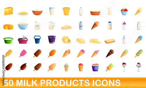 50 milk products icons set. Cartoon illustration of 50 milk products icons vector set isolated on white background