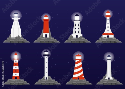 Sea beacon or lighthouse towers at night flat vector isolated illustrations set.