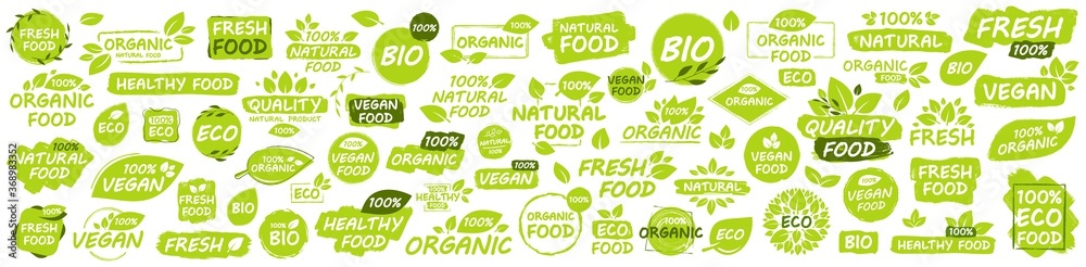 Set of Vegan, Eco, Bio, Organic, Fresh, Healthy, 100 percent, natural food. Natural product. Collection of 60 emblem, cafe, badges, tags, packaging. Vector illustration. Set of Vegan, Eco, Bio, Organic, Fresh, Healthy, 100 percent, natural food. Natural product. Collection of 60 emblem, cafe, badges, tags, packaging. Vector illustration.